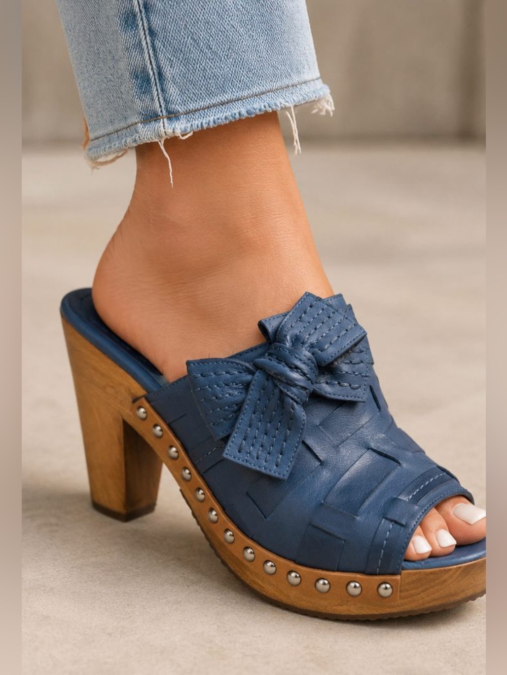 Miu Miu Navy Woven Leather Mules with Bow Accent ~ Studs Brand New In Box